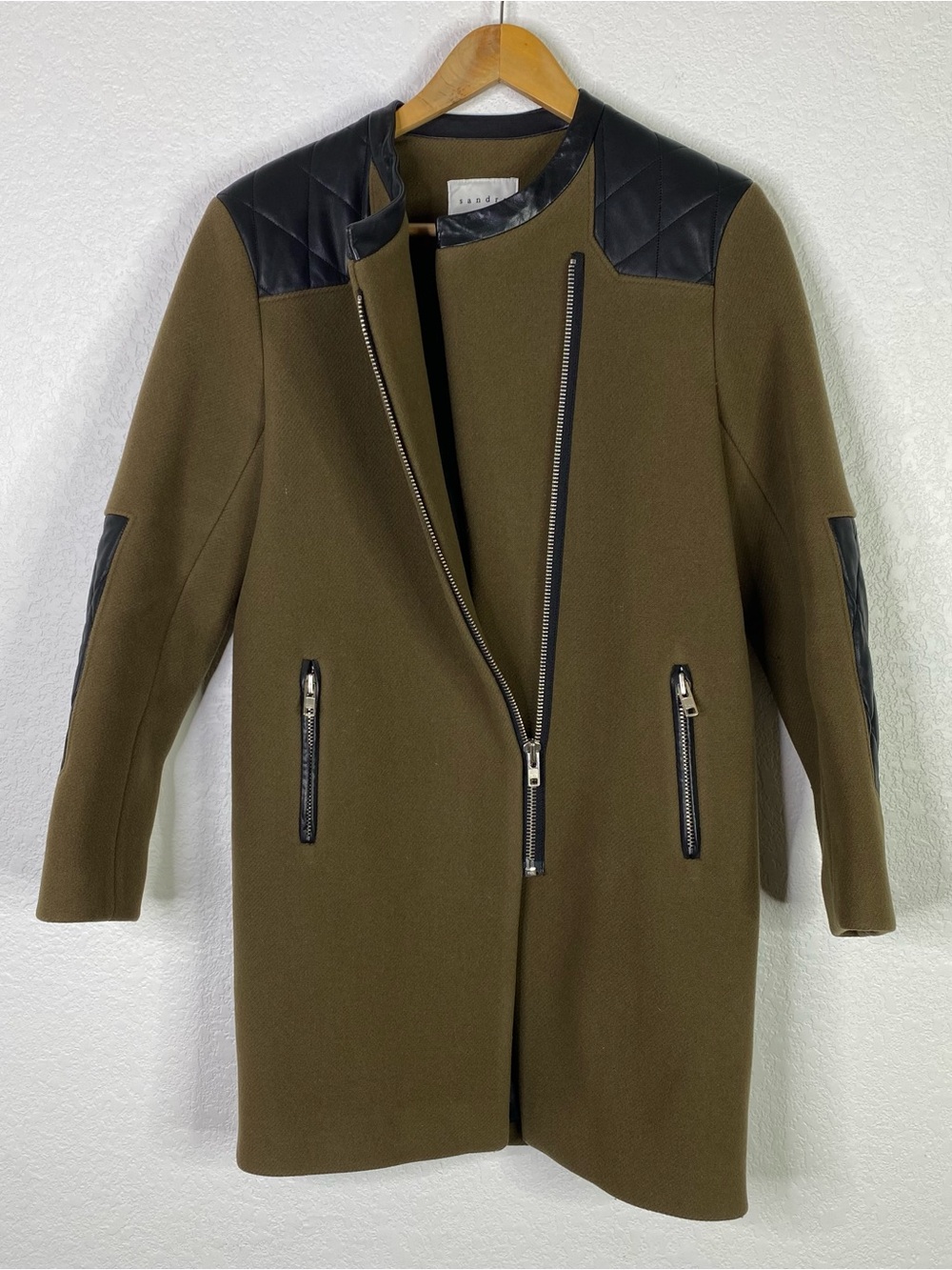 Sandro Green Wool Blend Lamb Leather Asymmetrical Zip Coat Jacket